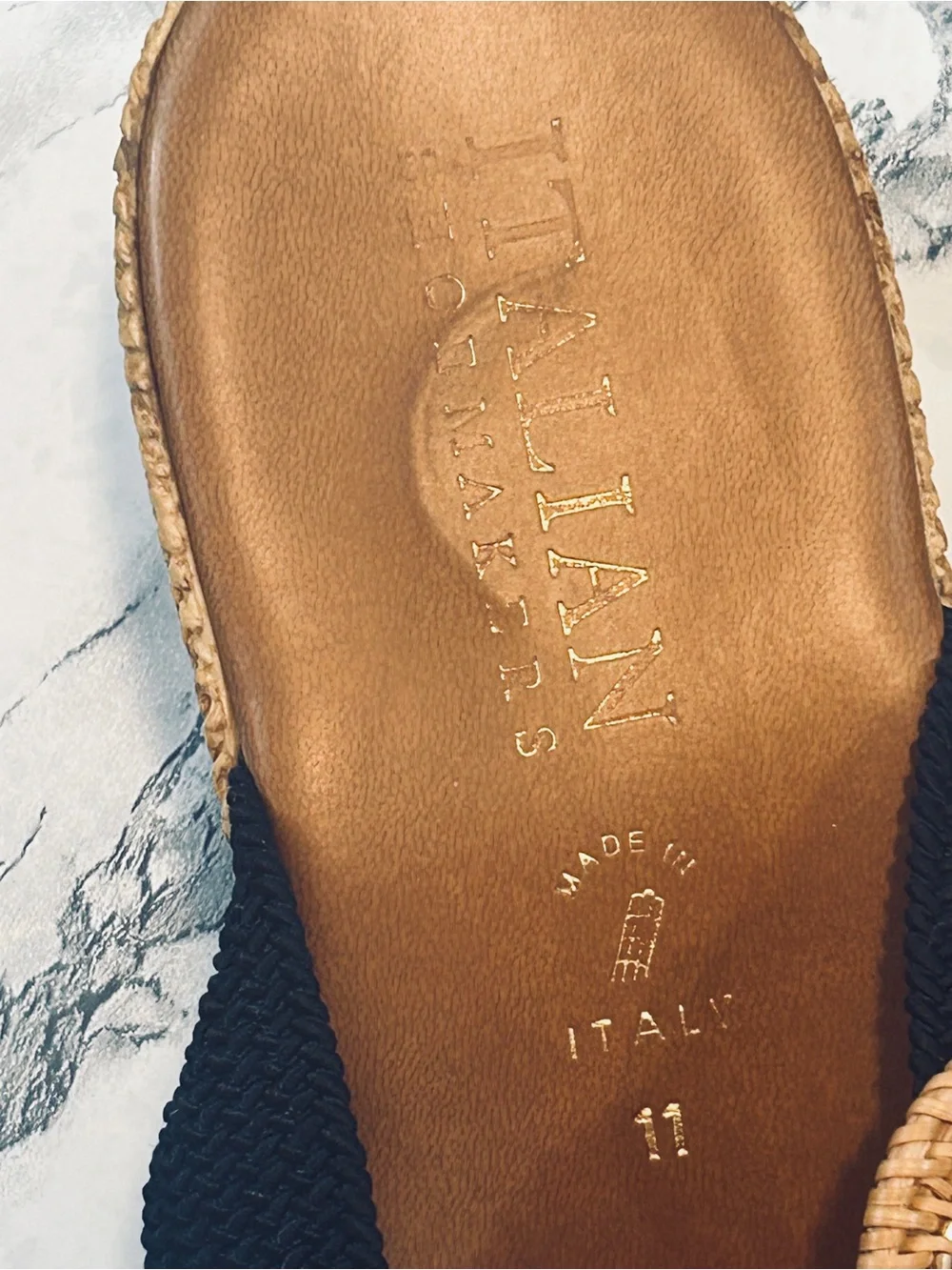 Italian Shoemakers Black and Tan Wedge Sandals with Rattan Accent